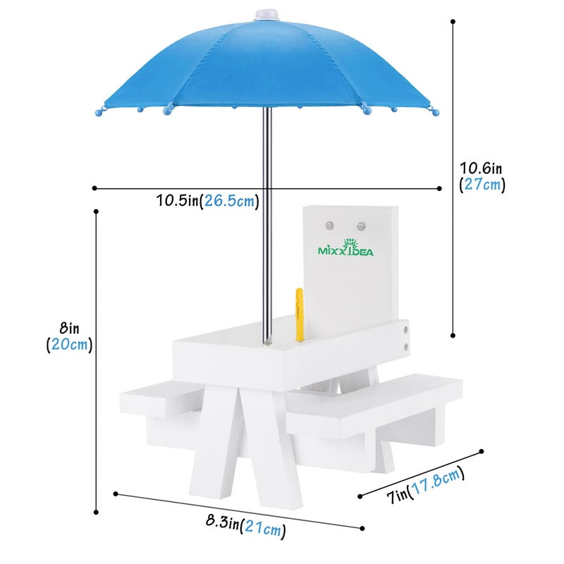 MIXXIDEA Squirrel Feeder Table with Umbrella, Wooden Squirrel Picnic Table Feeder, Durable Squirrel Feeder Corn Cob Holder, with Solid Structure and 2 x Thick Benches(White&Blue) - Image 2
